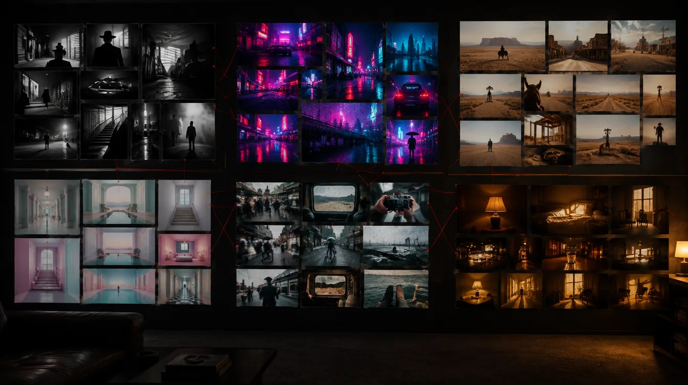 Parede escura com seis painéis de fotogramas, cada um numa linguagem visual: preto e branco de sombras duras, cidade de neon sob chuva, deserto ao pôr do sol, interiores simétricos em tons pastel, rua filmada com câmera na mão e interiores à luz de abajur. Fios vermelhos ligam os painéis.