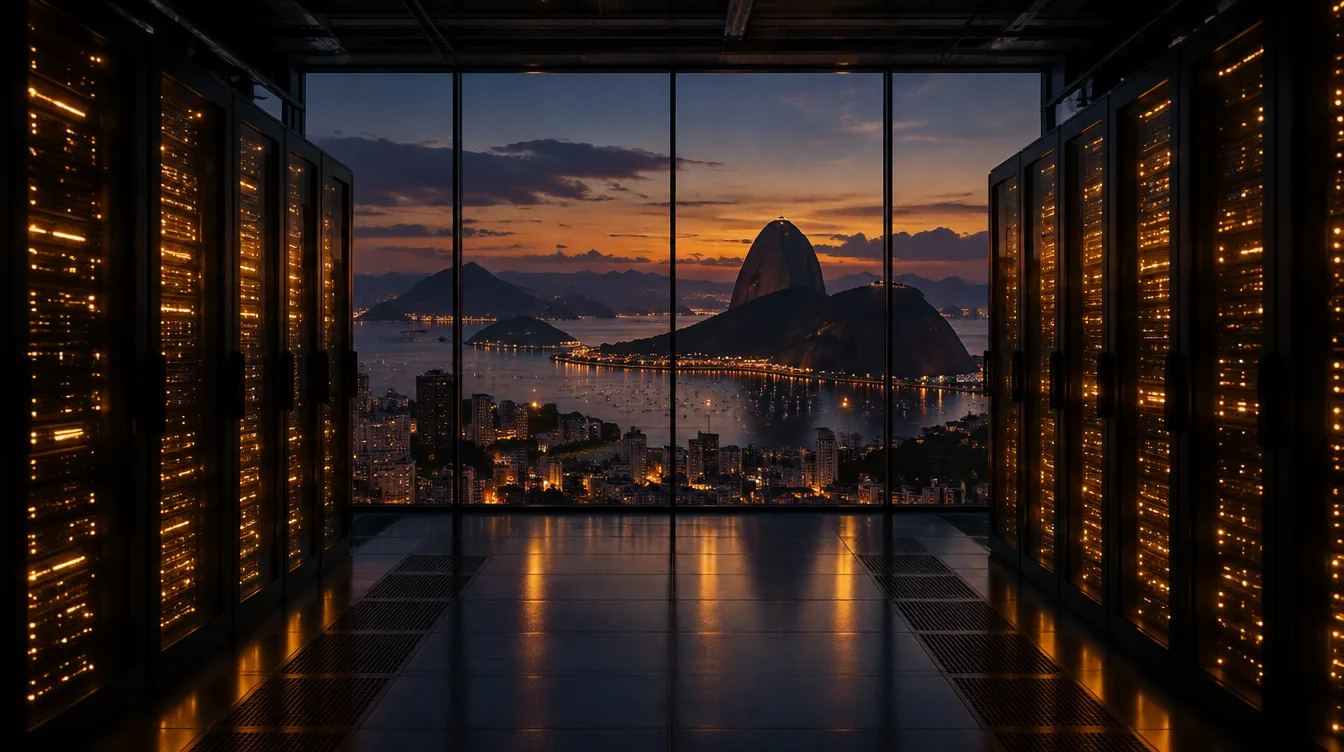 Corredor de racks de servidores com luzes âmbar que termina numa parede de vidro; lá fora, ao entardecer, a baía com o Pão de Açúcar e a cidade acesa.