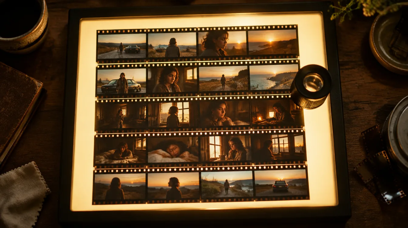Folha de contato sobre uma mesa de luz: vinte quadros da mesma mulher de cabelo cacheado, da estrada ao pôr do sol até o interior de uma casa, com uma lupa de fotógrafo ao lado.