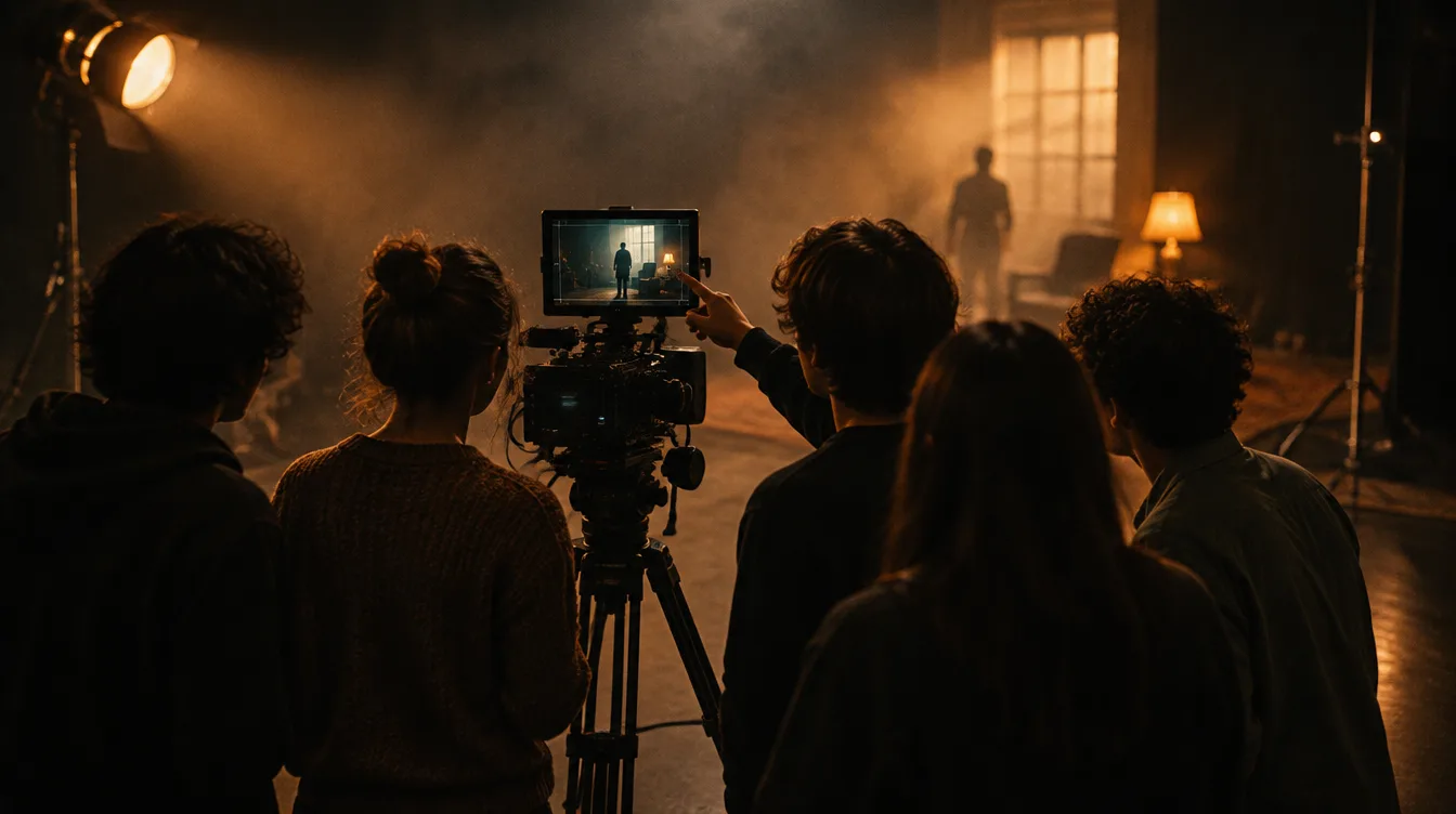 Grupo de estudantes, de costas, em volta de uma câmera num tripé; um deles aponta o monitor, que mostra o ator parado no fundo de um set enfumaçado, entre uma janela e um abajur.