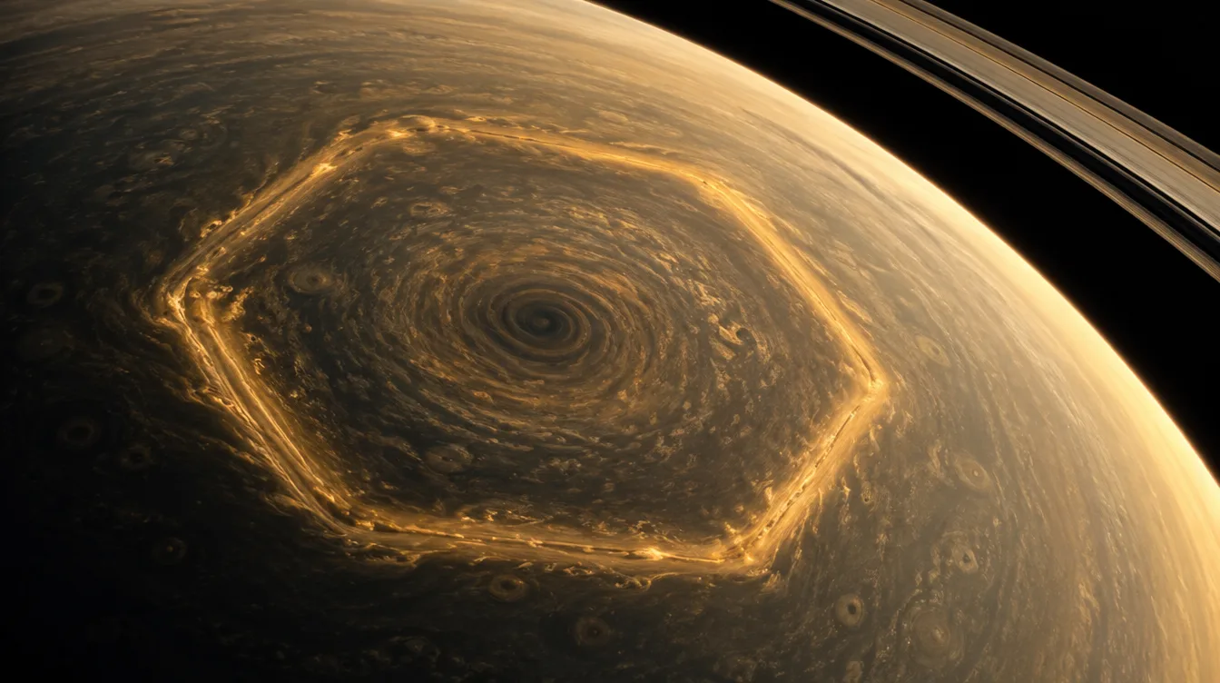 Ilustração do hexágono de nuvens no polo de Saturno, em tons de âmbar, com a borda dos anéis no canto.